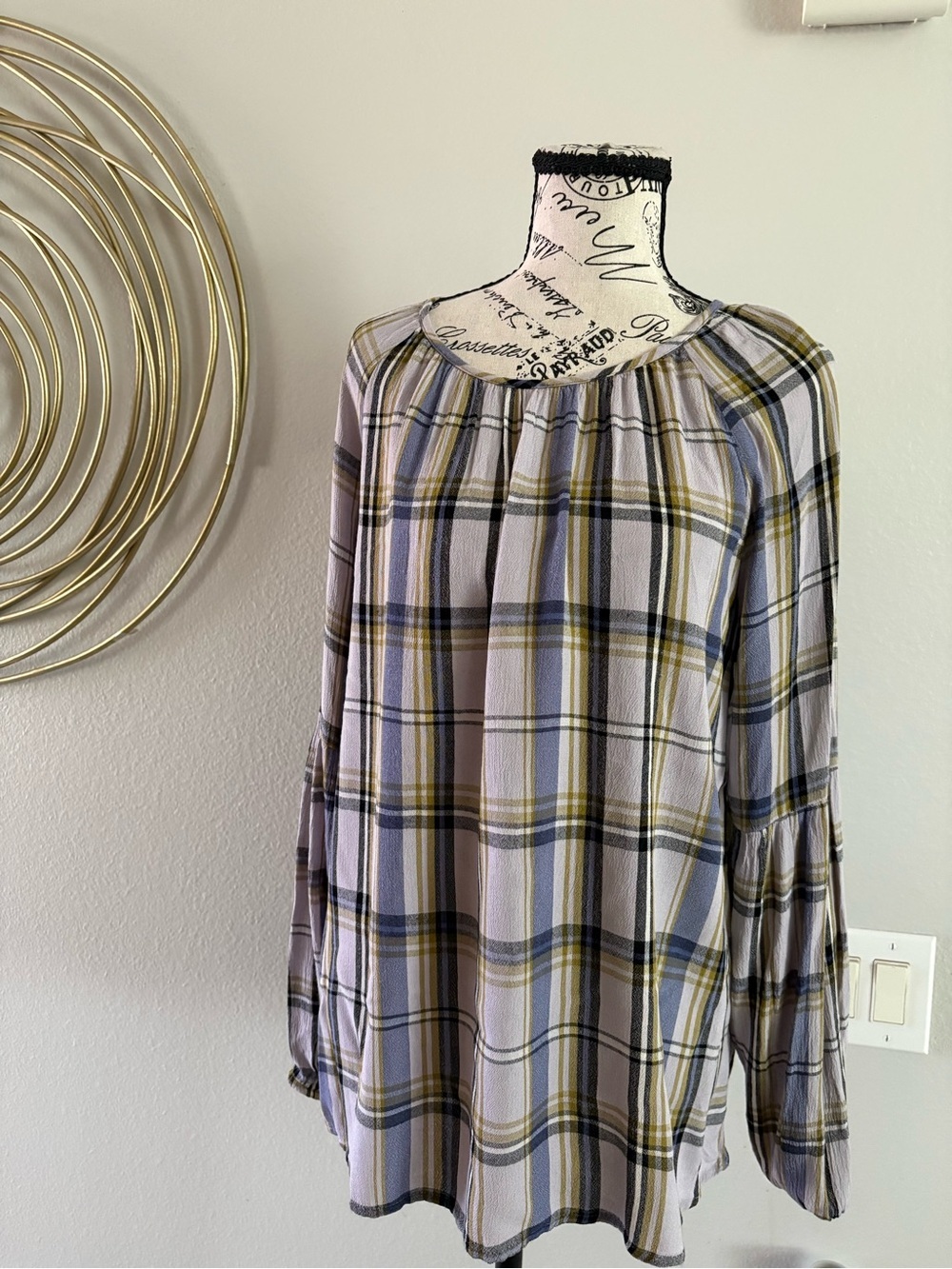 Sonoma Plaid Peasant Blouse in Gray, Blue & Olive